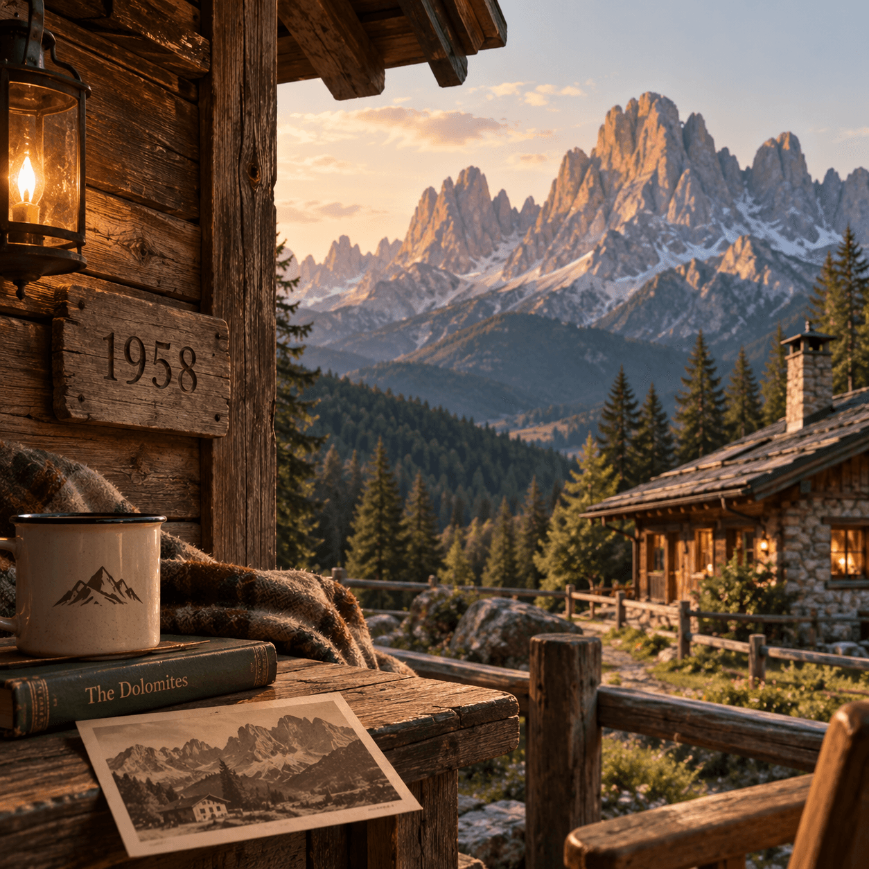 A cabin porch with a 1958 plaque overlooking the Dolomites